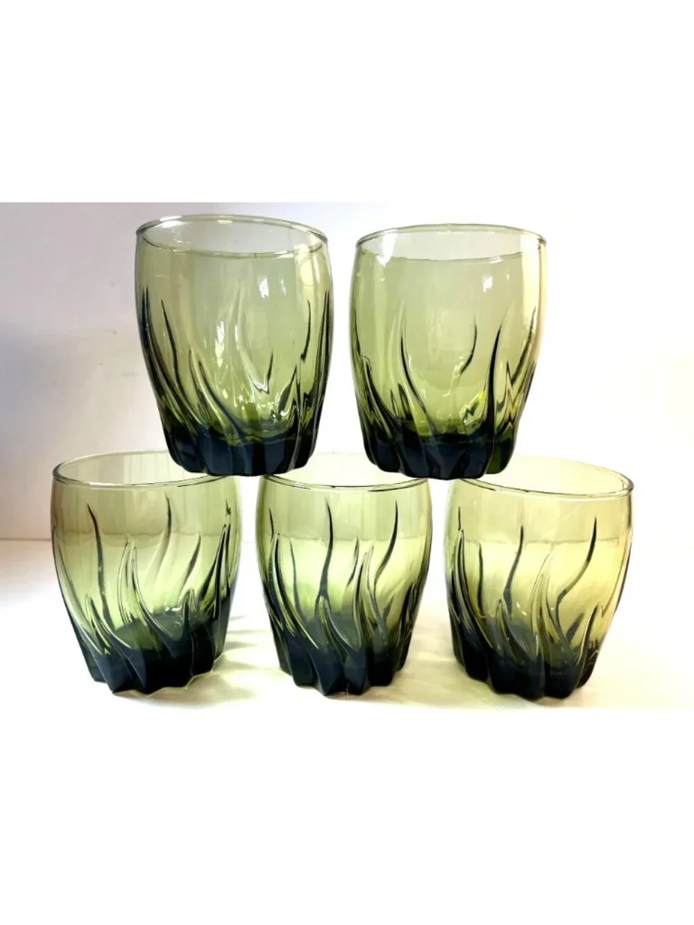 Vintage Green Swirl Tumbler Lowball Glasses Barware Anchor Hocking Set of 5